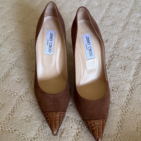 Jimmy Choo Brown Suede Heels with Croc Detail - Picture 1 of 4
